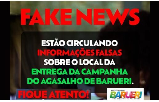 A Prefeitura de Barueri alerta que é fake news o comunicado sobre distribuição de cobertores na Arena Barueri nesta quarta-feira, 18.