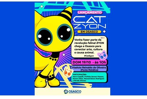 A escultura do Gato Zyon será inaugurada neste domingo (19) em Osasco, simbolizando amor, arte e incentivo à adoção responsável.